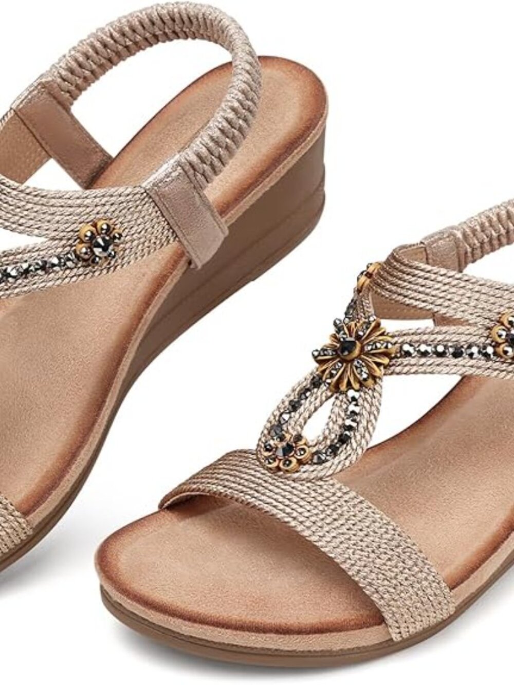 Womens Wedge Sandals Flower Low Heel Dressy Sandals Elastic Ankle Strap